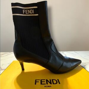 Authentic FENDI Black Leather Sock Boots Booties Size 7.5 37.5